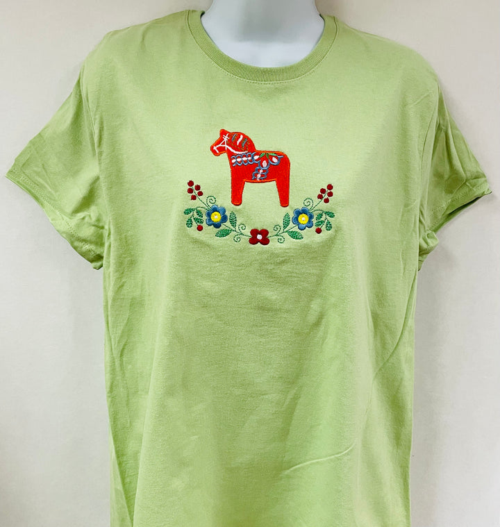 Dala Horse & Flowers on Pistachio Green Ladies T-shirt