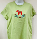Dala Horse & Flowers on Pistachio Green Ladies T-shirt
