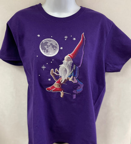 Gnome in the Moonlight on Purple Ladies T-shirt