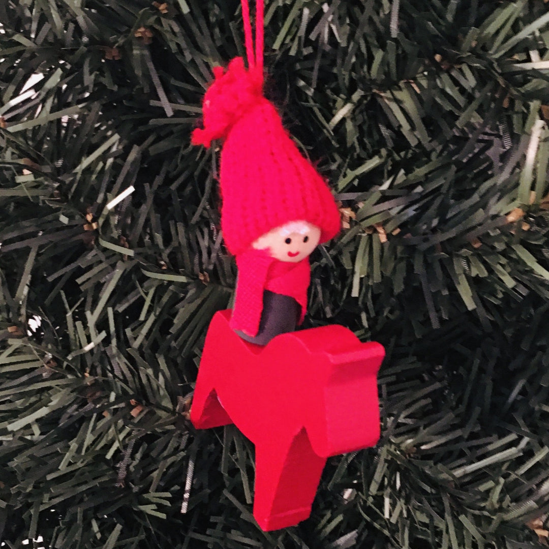 Tomte Boy on Red Dala Horse Ornament