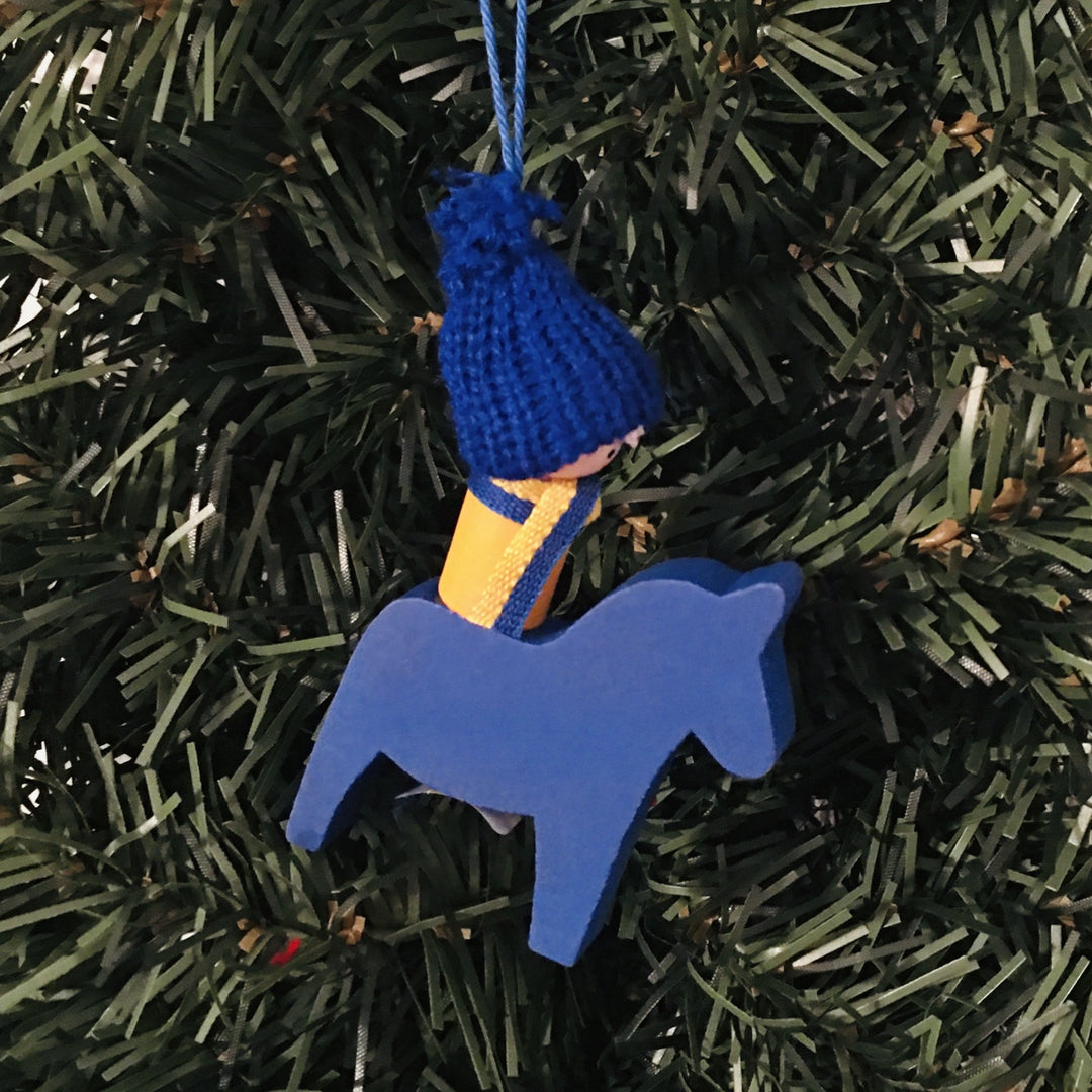 Tomte Boy on Blue Dala Horse Ornament