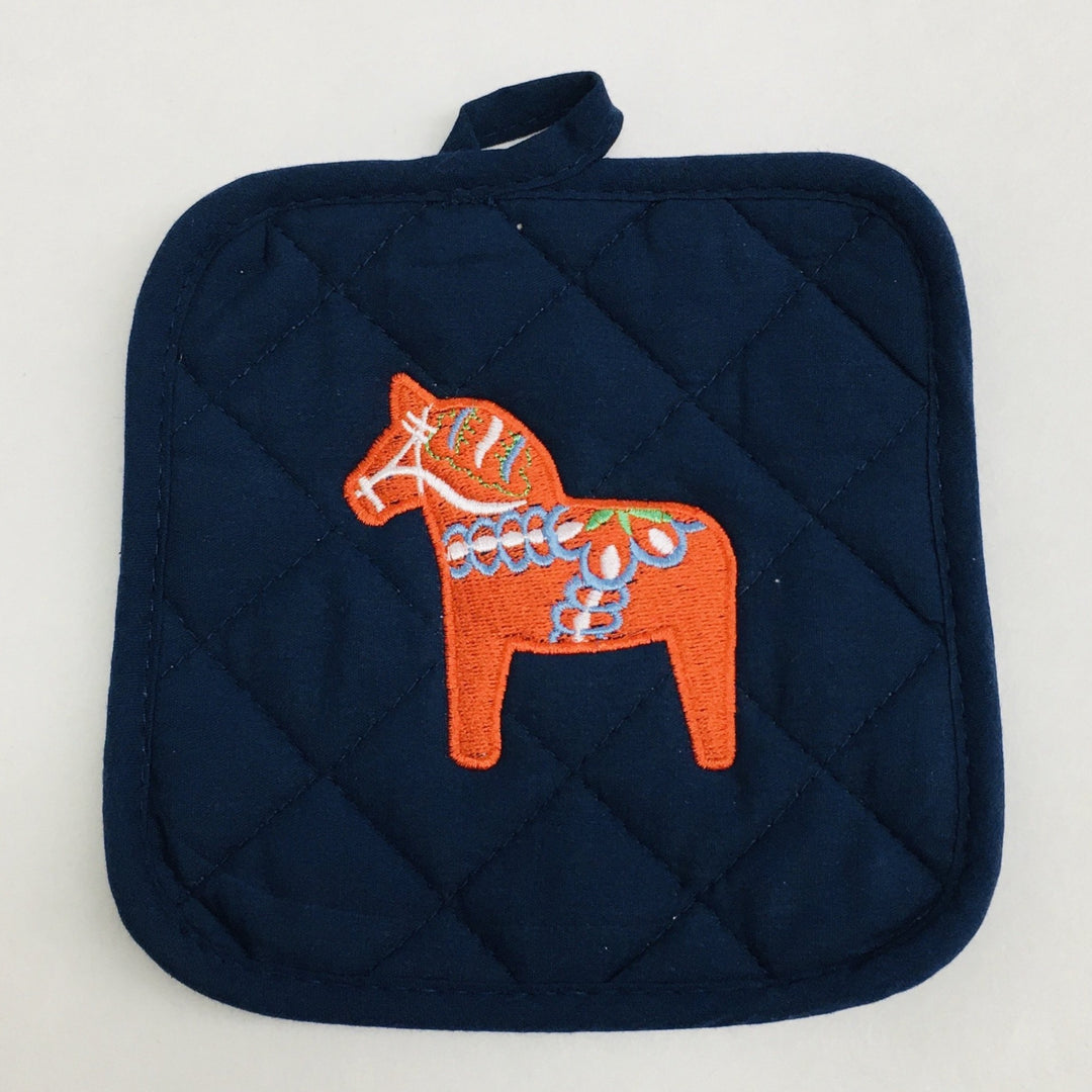 Pot holder - Swedish Dala horse on navy