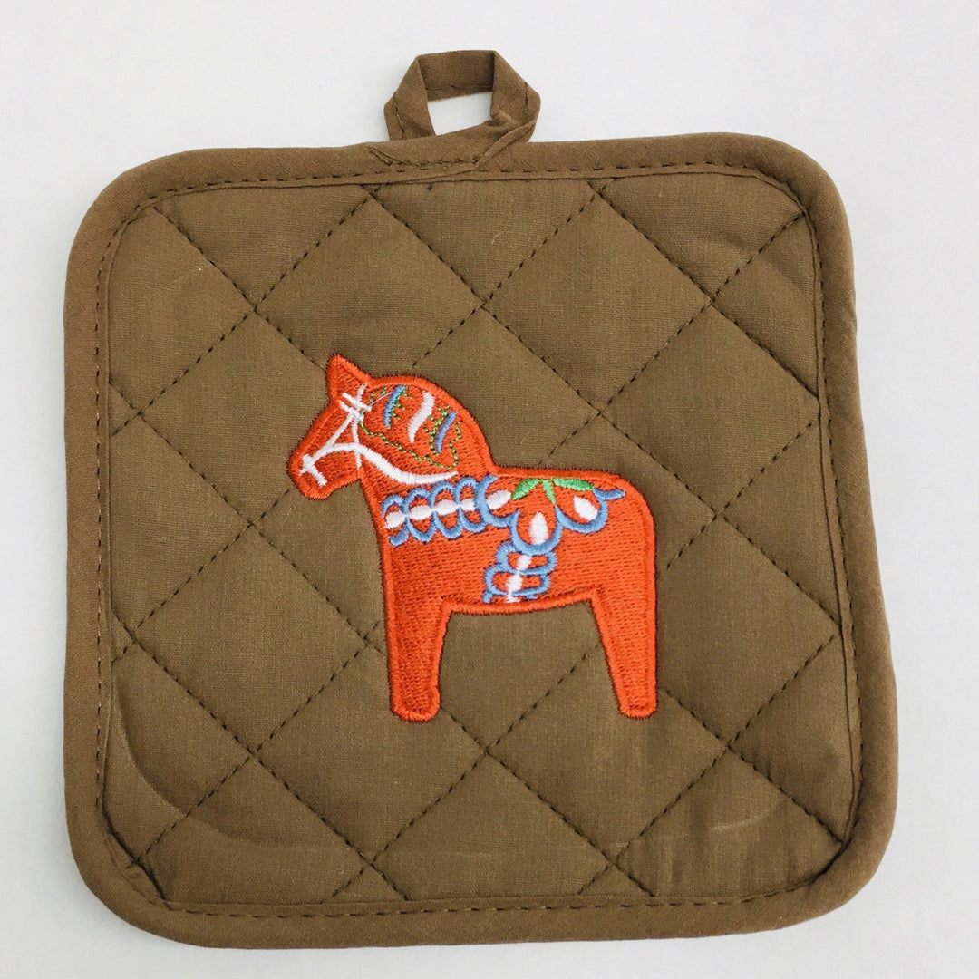 Pot holder - Swedish Dala horse on cocoa brown