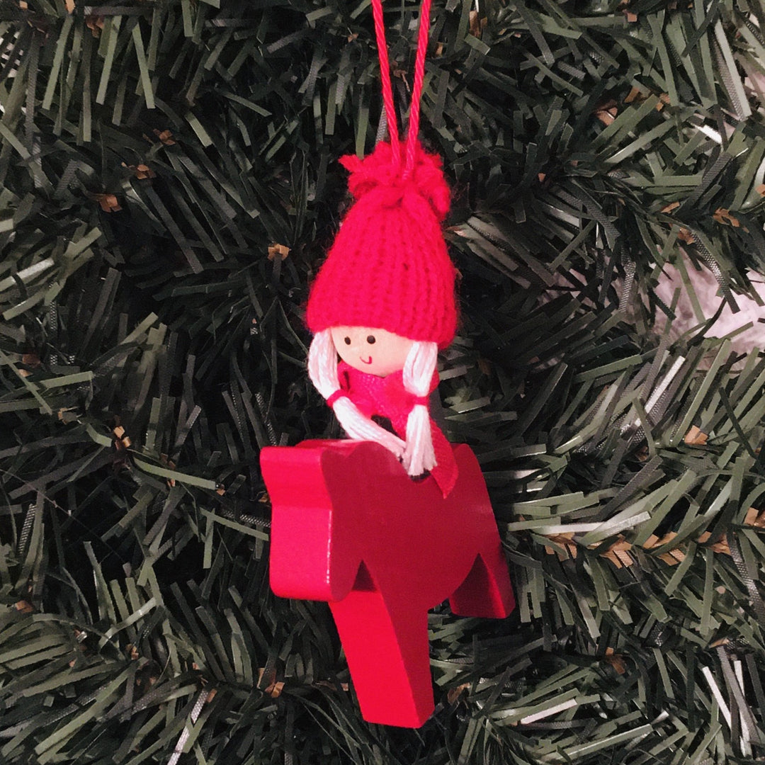 Tomte Girl on Red Dala Horse Ornament