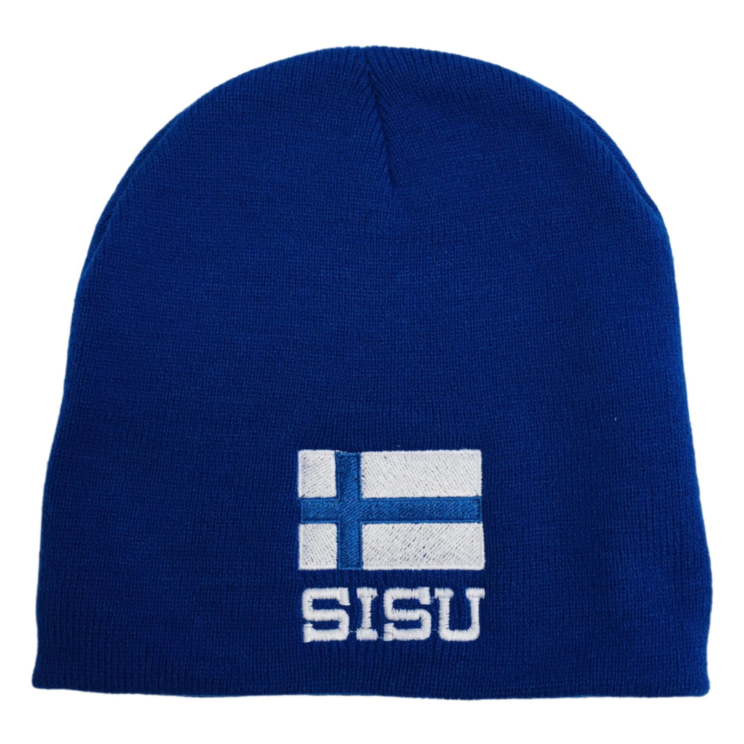 Knit  beanie hat - Finland Flag with Sisu on Royal blue