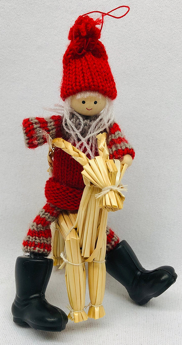 Gnome riding straw goat ornament