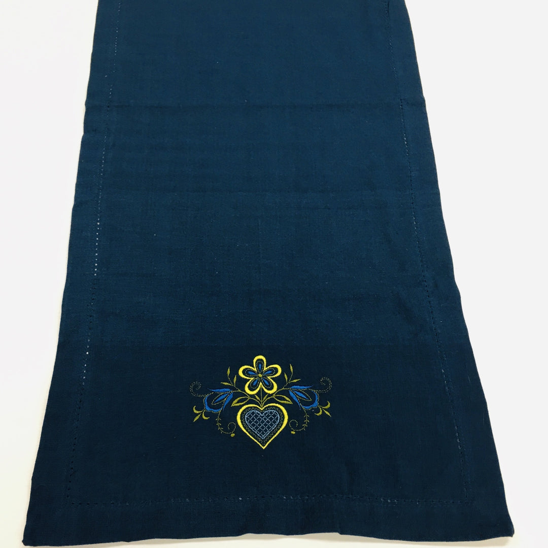 Folk Art Heart Embroidered on Blue 52" Runner