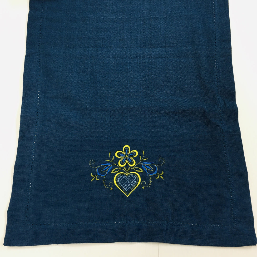 Folk Art Heart Embroidered on Blue 52" Runner