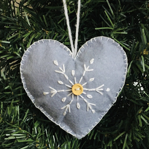 Felt Heart Ornament - Ice blue with white