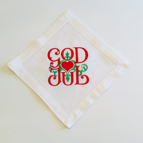 Small Square Doily Embroidered God Jul Scroll on White