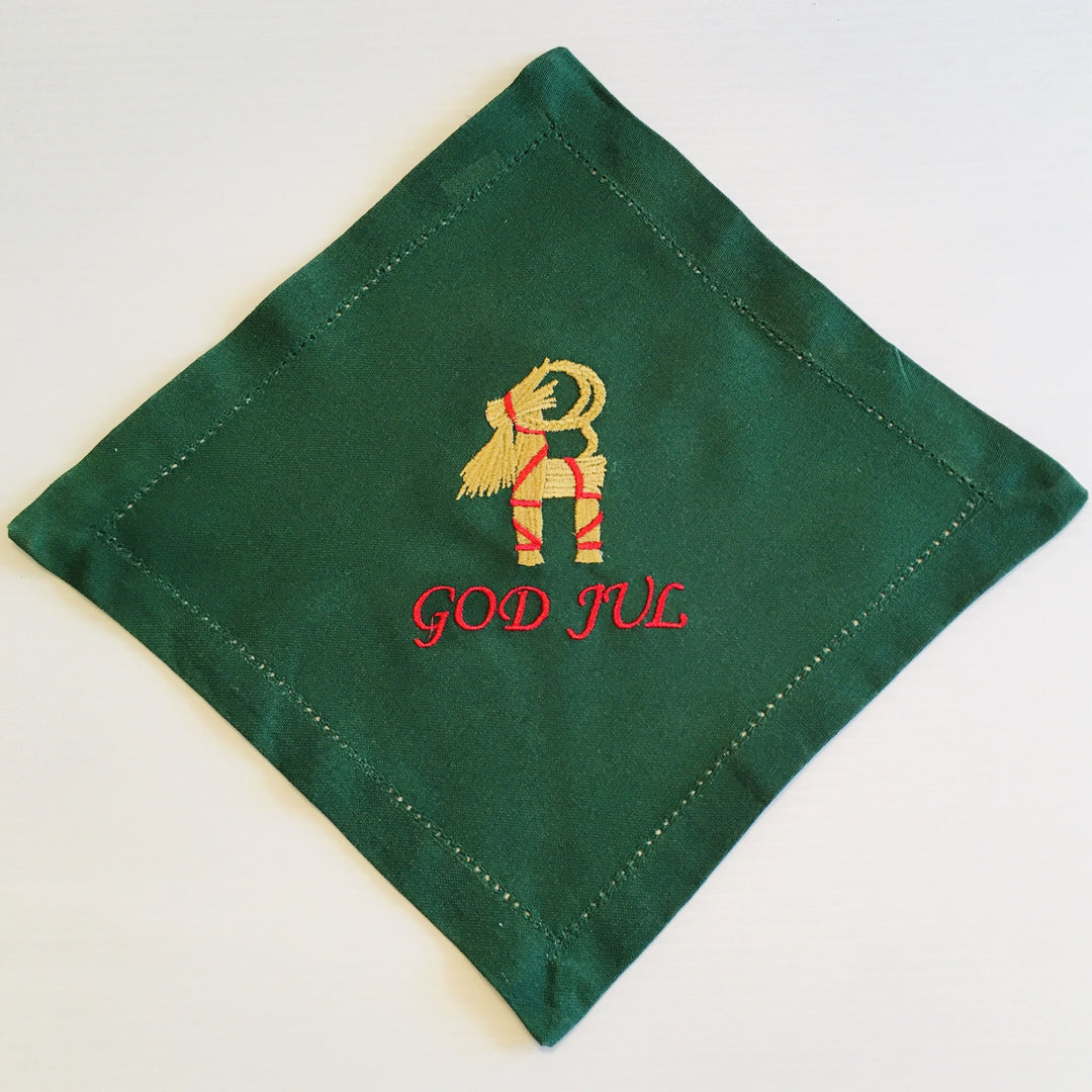 Small Square Doily Embroidered God Jul Goat on Green