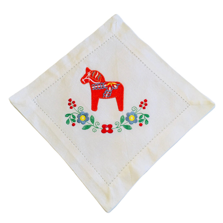 Small Square Doily Embroidered Dala horse & Flowers