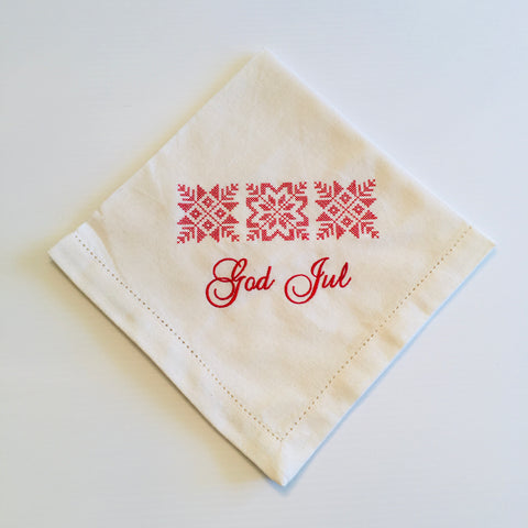 Large Square Napkin  Embroidered God Jul Snowflakes on Cream