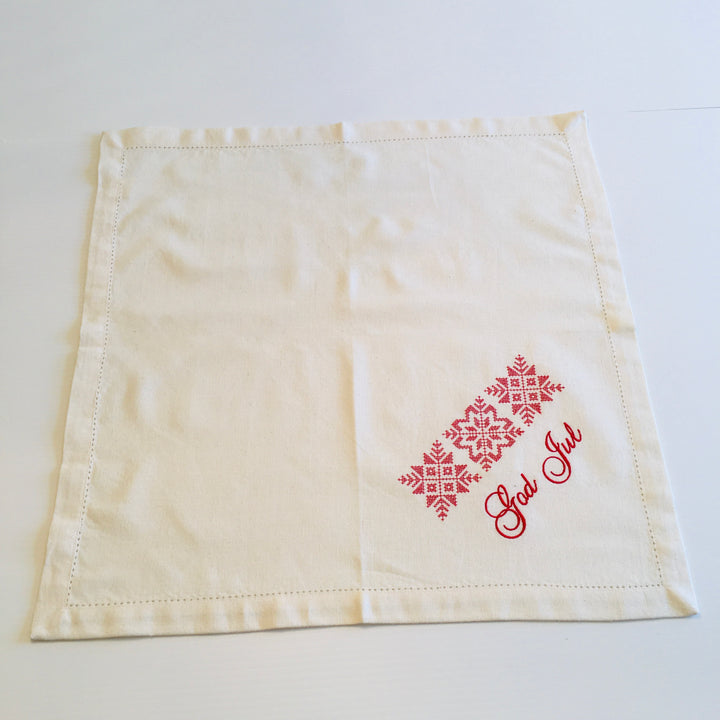 Large Square Napkin  Embroidered God Jul Snowflakes on Cream