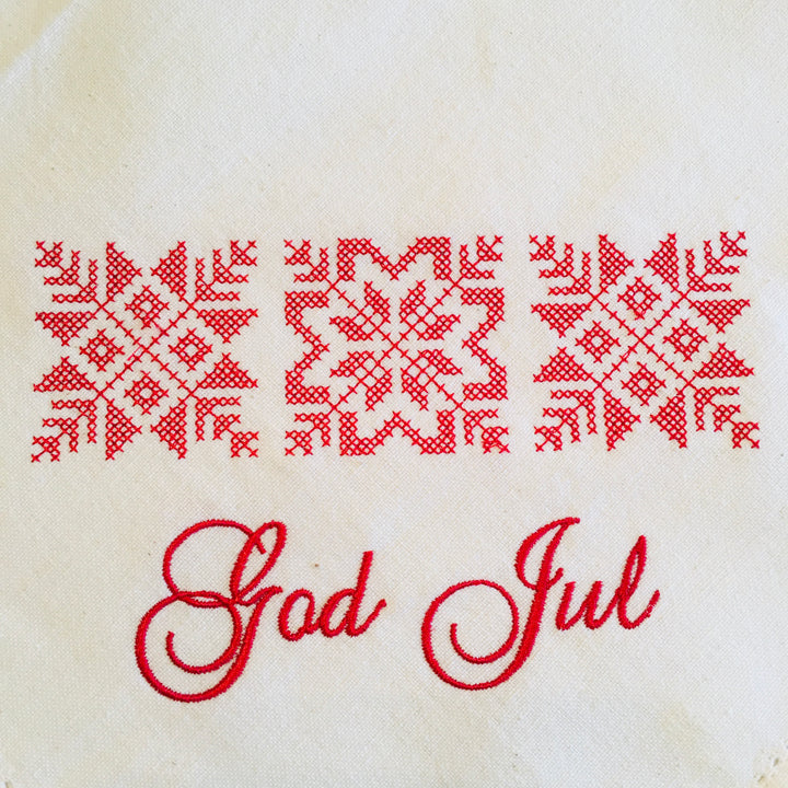 Large Square Napkin  Embroidered God Jul Snowflakes on Cream