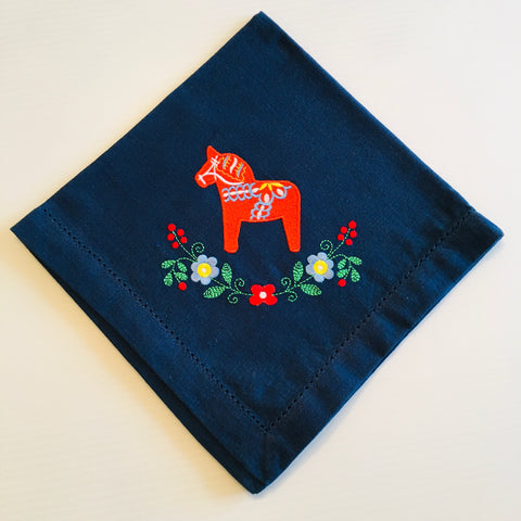 Large Square Napkin Embroidered Dala horse & Flowers
