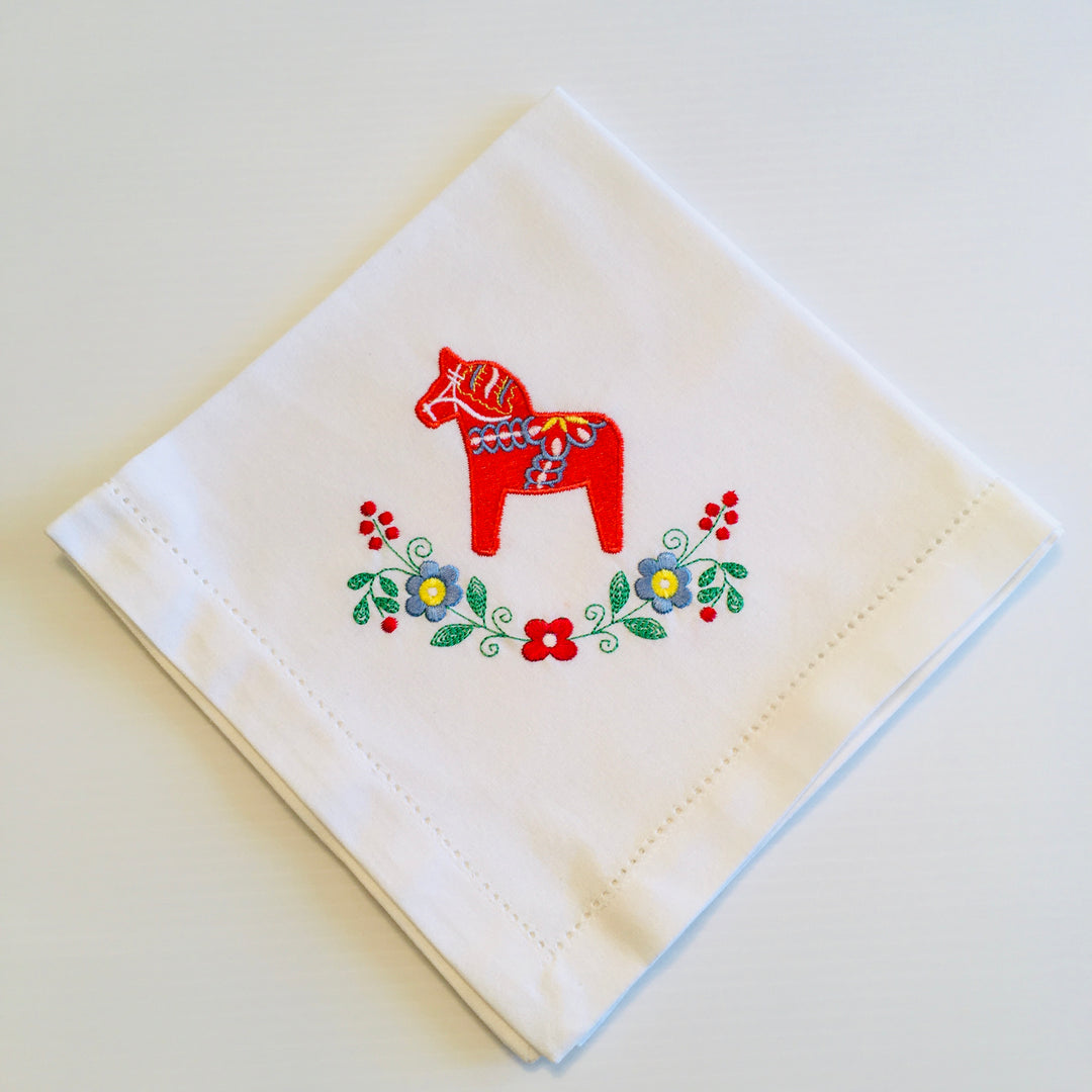 Large Square Napkin Embroidered Dala horse & Flowers