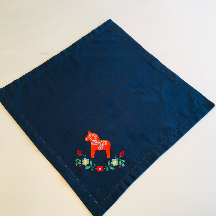 Large Square Napkin Embroidered Dala horse & Flowers