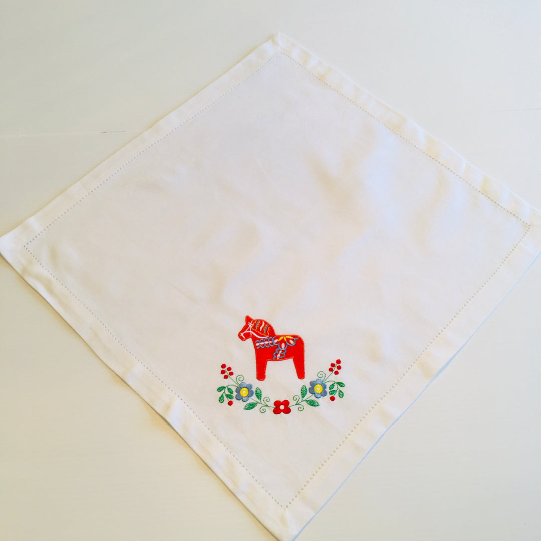 Large Square Napkin Embroidered Dala horse & Flowers