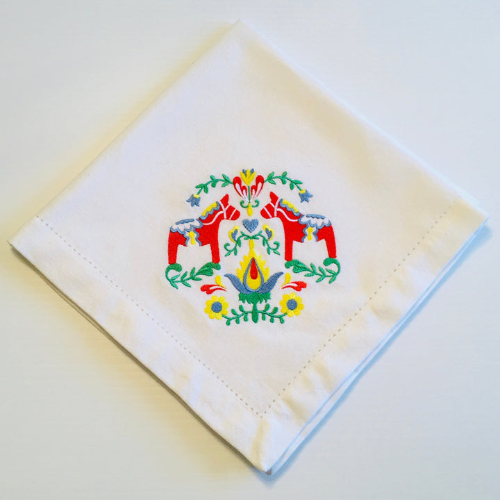 Large Square Napkin Embroidered Dala Horse & Flowers