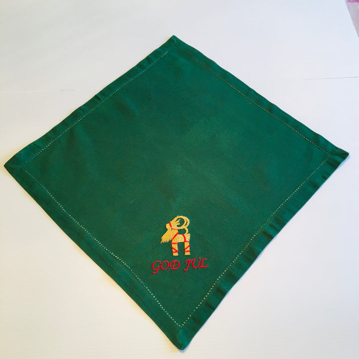 Large Square Napkin Embroidered God Jul Goat on Green