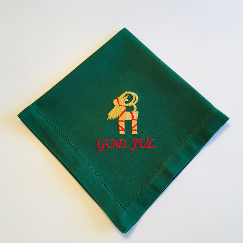 Large Square Napkin Embroidered God Jul Goat on Green