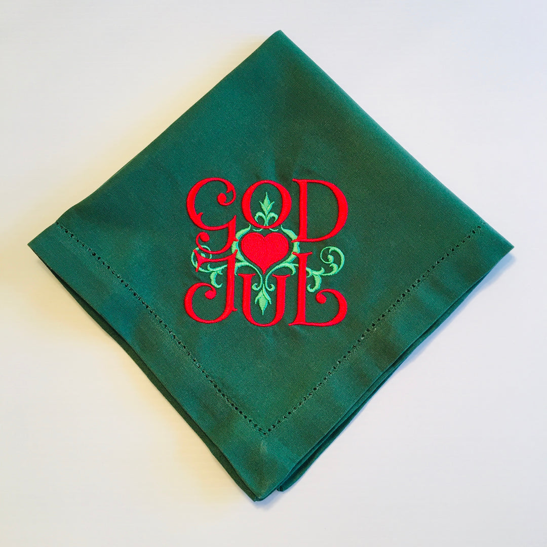 Large Square Napkin  Embroidered God Jul Scroll