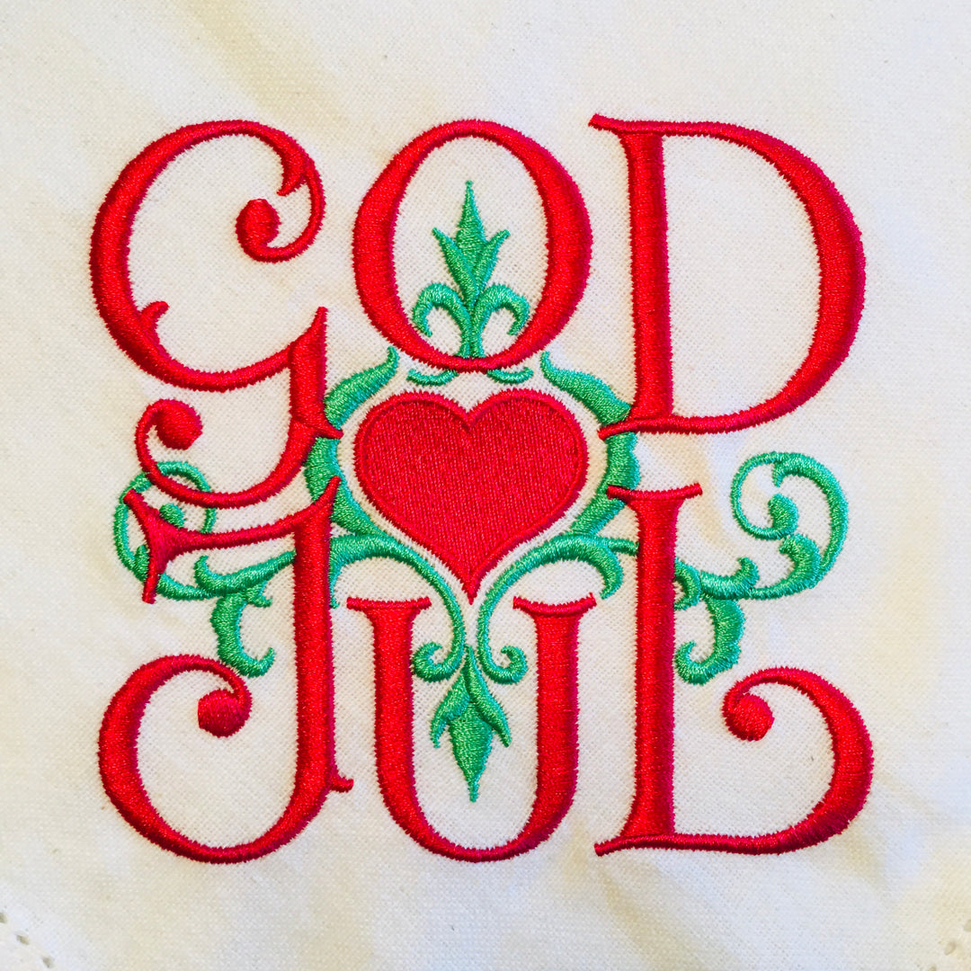 Large Square Napkin  Embroidered God Jul Scroll