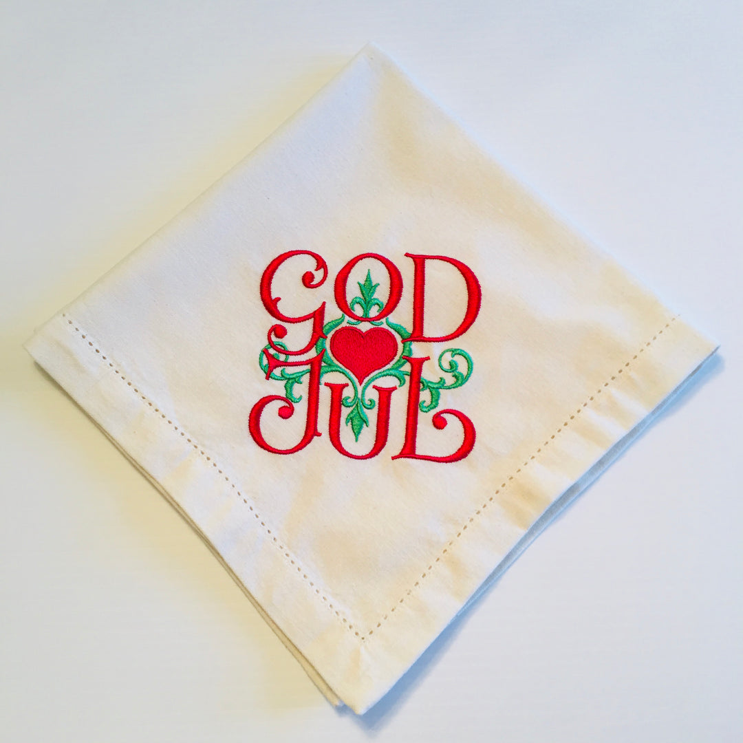 Large Square Napkin  Embroidered God Jul Scroll