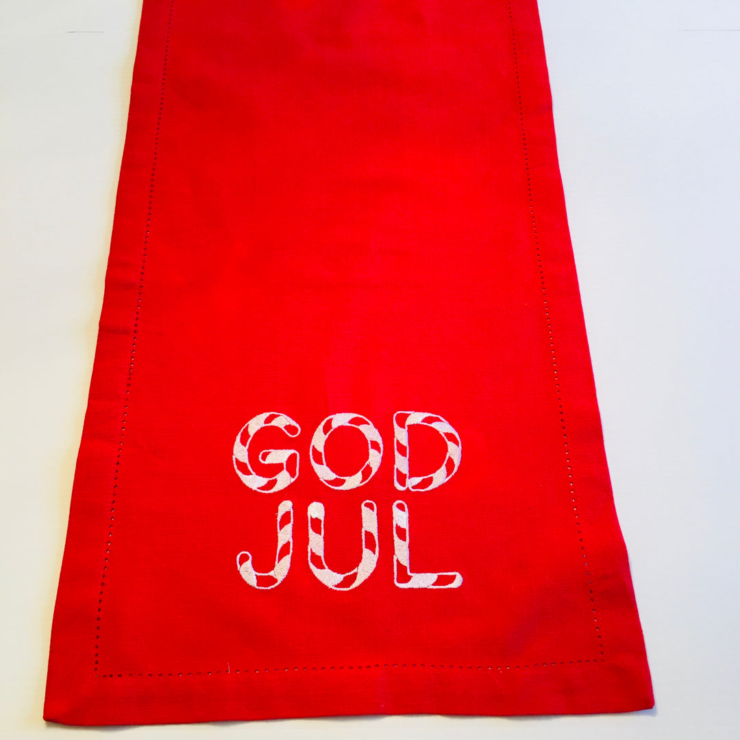 God Jul Candy Cane Embroidered on Red 52" Runner