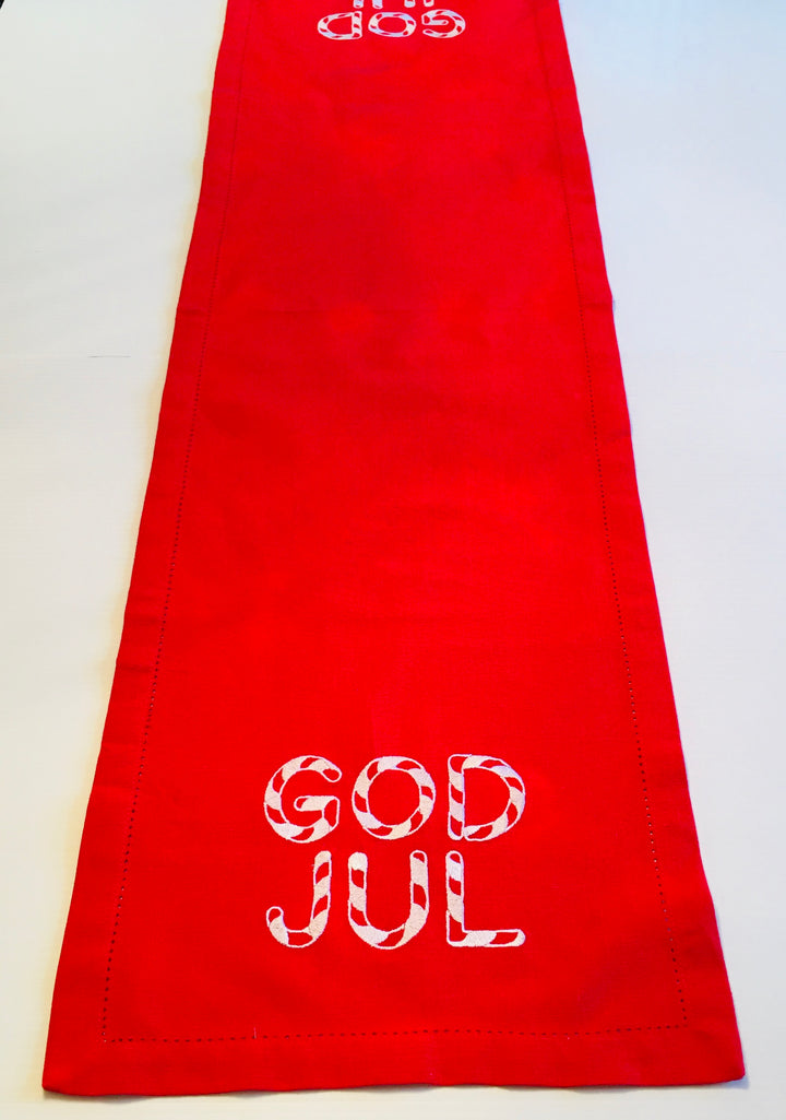 God Jul Candy Cane Embroidered on Red 52" Runner