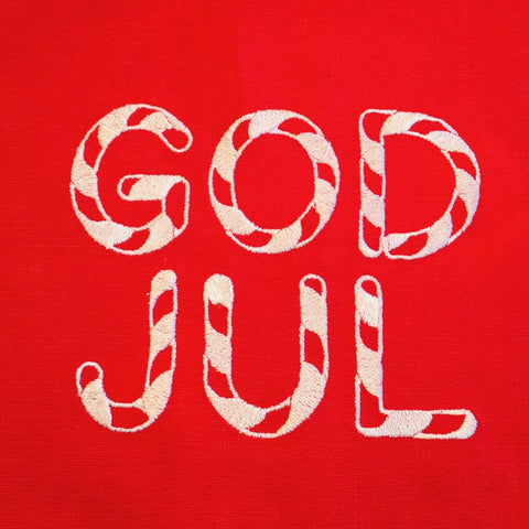 God Jul Candy Cane Embroidered on Red 52" Runner
