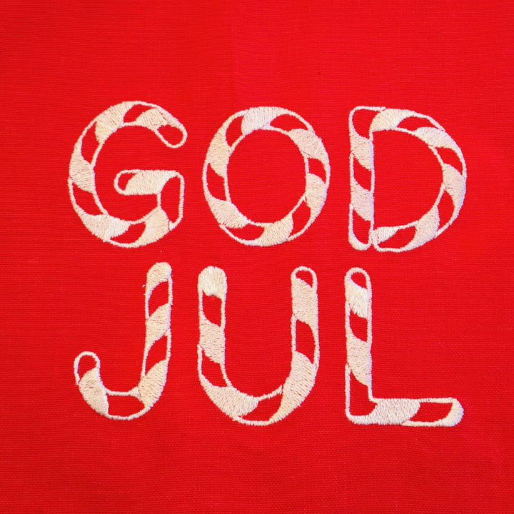 God Jul Candy Cane Embroidered on Red 36" Runner