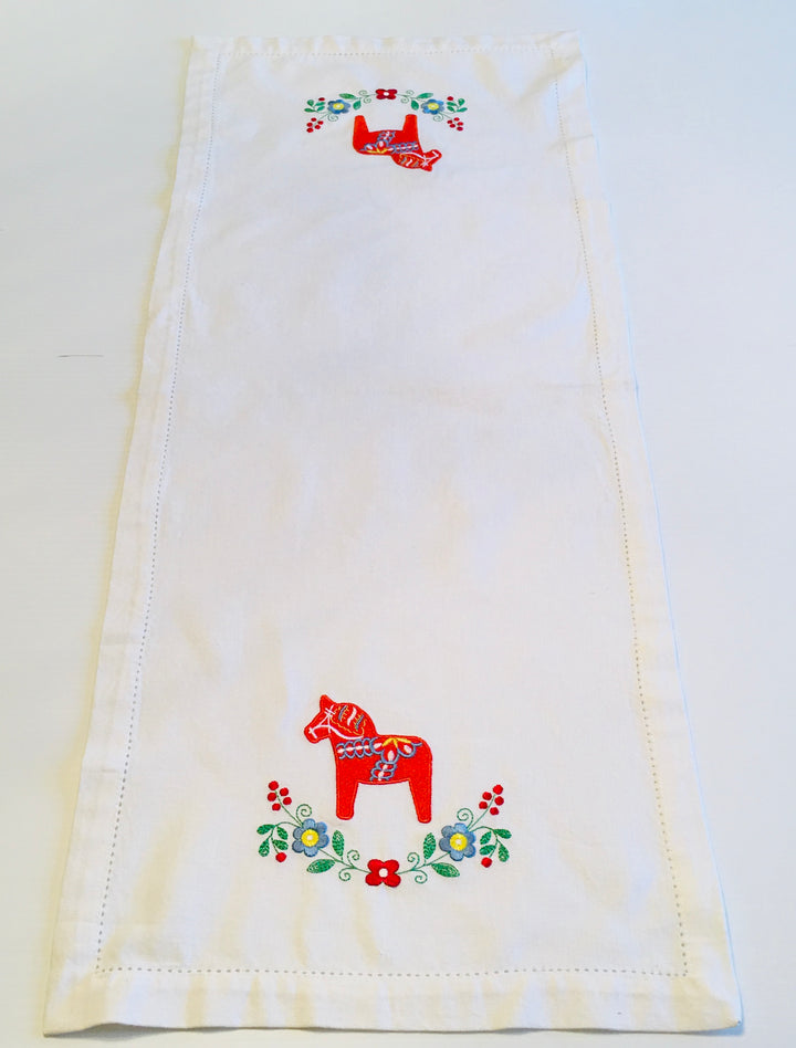 Swedish Dala horse & Flowers on Embroidered 36" Runner