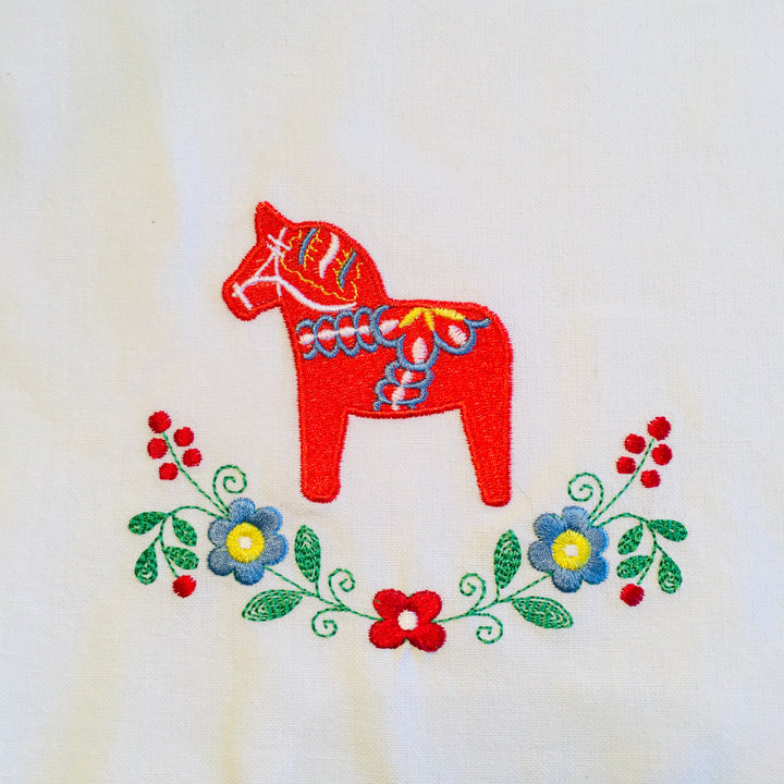 Swedish Dala horse & Flowers on Embroidered 36" Runner