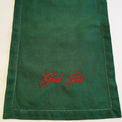God Jul Embroidered on Green 52" Runner