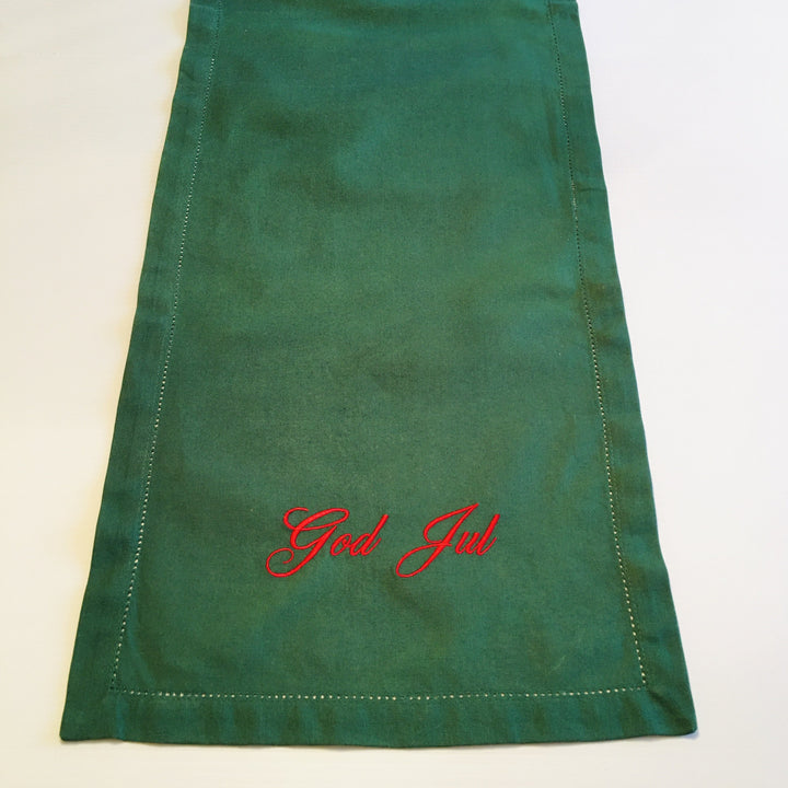 God Jul Embroidered on Green 52" Runner