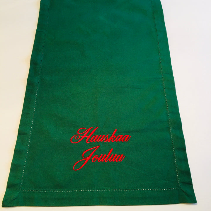 Hauskaa Joulua Embroidered on Green 52" Runner