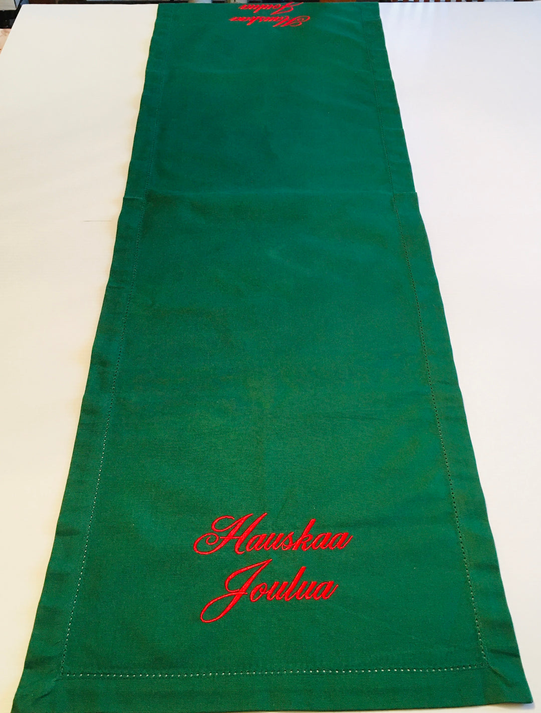 Hauskaa Joulua Embroidered on Green 52" Runner