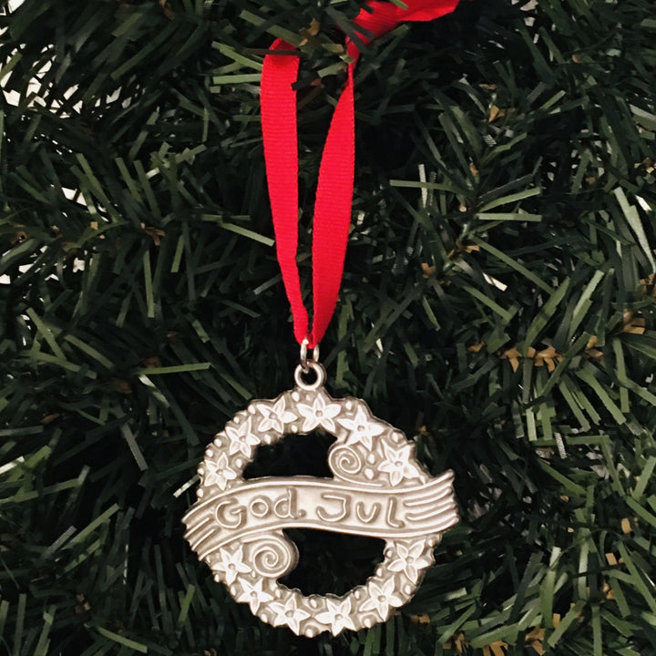 Swedish Pewter Ornament - God Jul Wreath