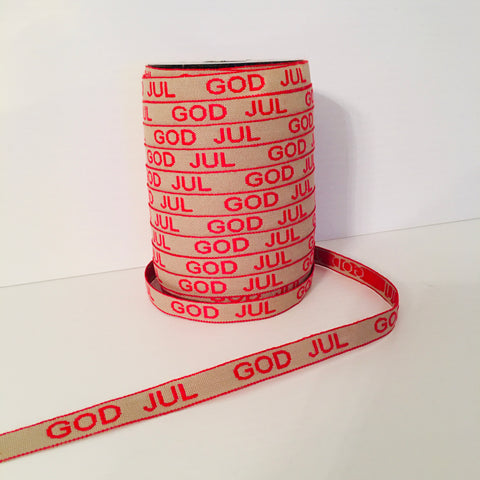 Fabric Ribbon Trim by the yard - Tan with Red God Jul
