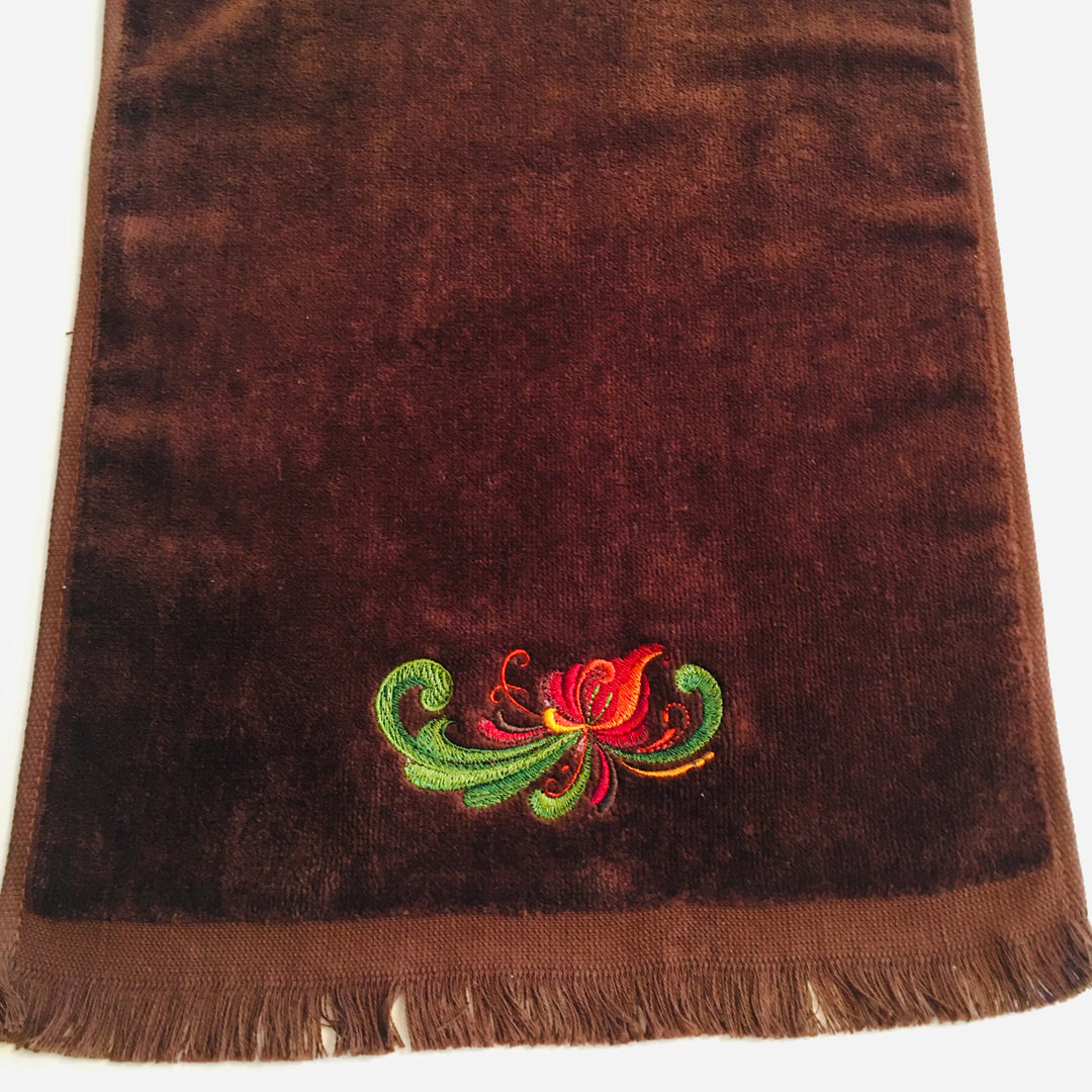 SALE Finger tip towel - Rosemaling on Brown