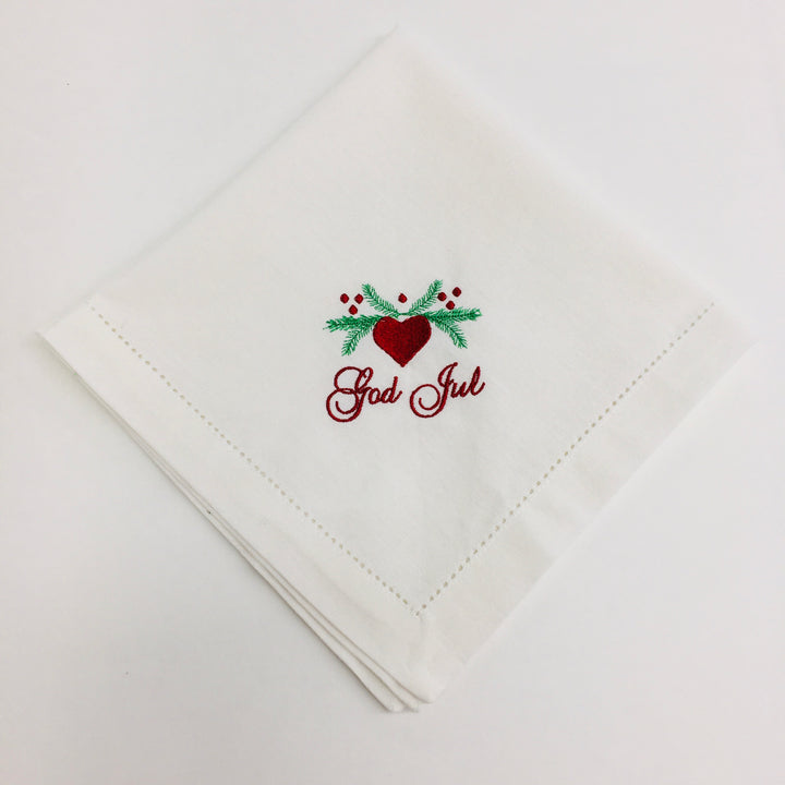 Large Square Napkin  Embroidered God Jul Hearts & Pines