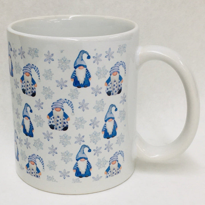 Blue Gnomes and Snowflakes coffee mug