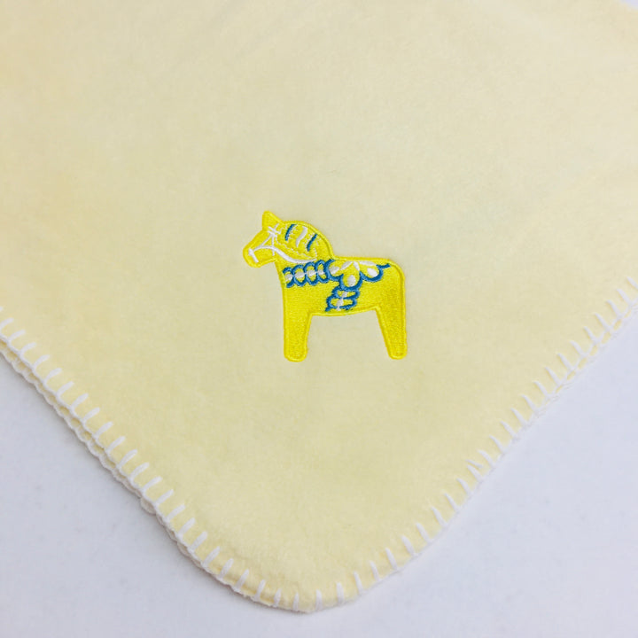 Fleece Baby Blanket - Dala horse on Blue, Pink or Yellow