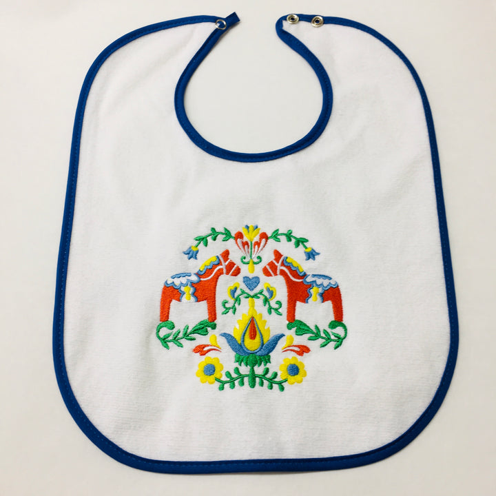 Baby Bib, Red Dala Horses & Flowers on Yellow, Green or Royal blue