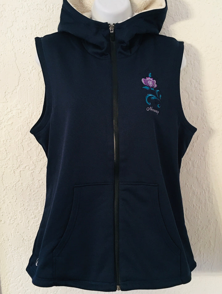 Ladies Sherpa Lined Hoodie Vest - Norway rosemaling