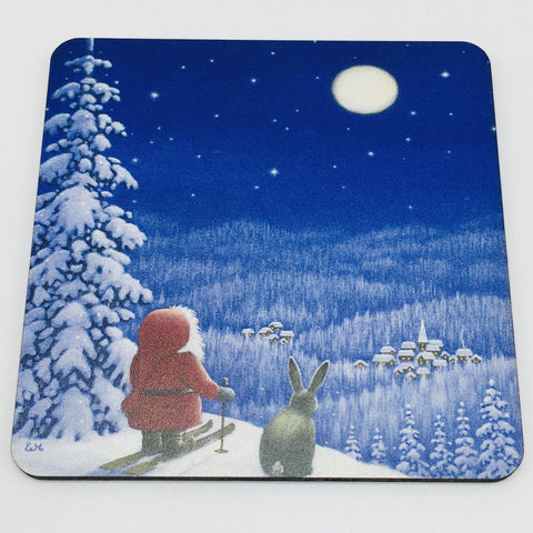 Eva Melhuish Tomte skier with Grey Bunny Hardboard Coaster