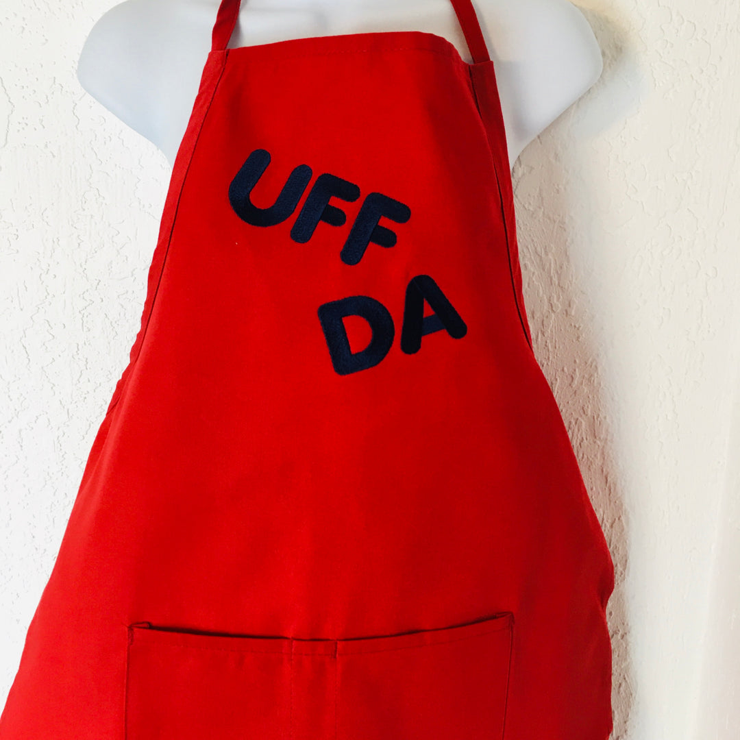 SALE Apron - Embroidered Uff da on Red