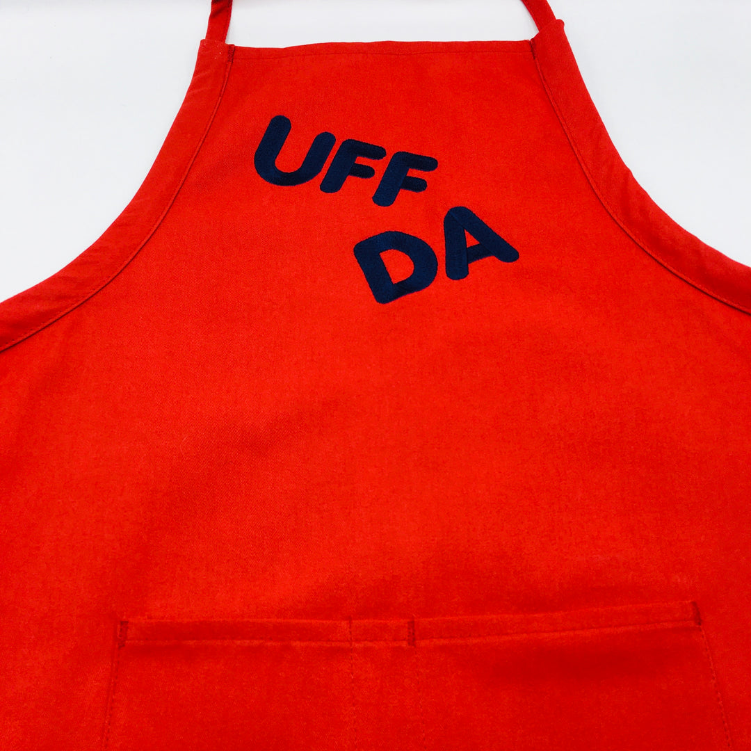 SALE Apron - Embroidered Uff da on Red